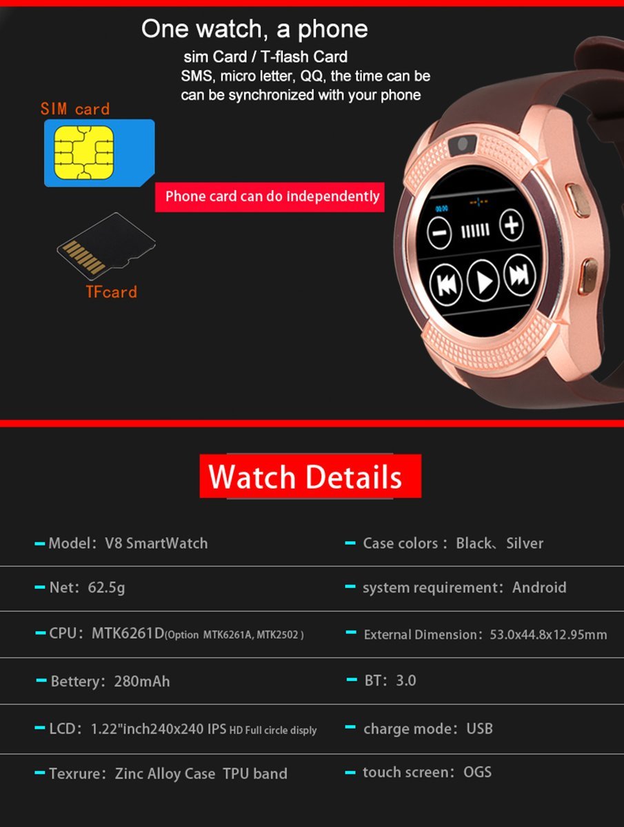 v8 smart watch memory card