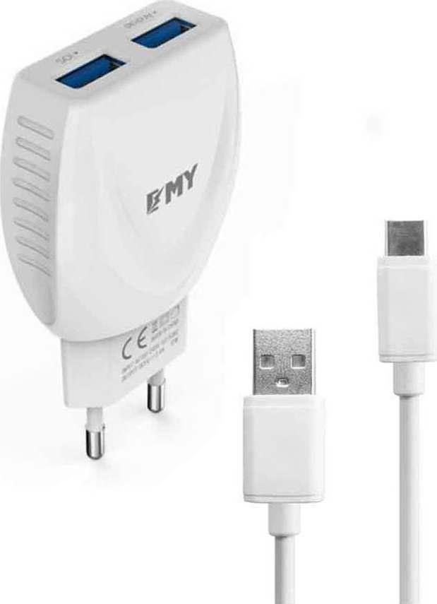 Φορτιστής Πρίζας Emy Power 2x USB Type-C Cable & Wall Adapter Λευκό (MY-221) - Image 2