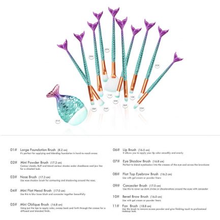 Σετ πινέλα Efforty Make Up 11 Pieces 3D Mermaid Makeup Brushes Synthetic Kabuki Cosmetics Blush Eyeliner Face Powder Brush Makeup Brush Set - Image 4