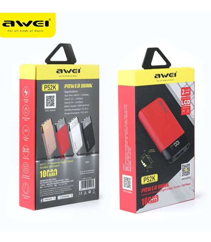 Awei P52K 10000aMH Power Bank με LCD Display Battery και 2 Θήρες Lightning & Micro 5V 2.0A With Special Features Shake Up Power Display- White - Image 2