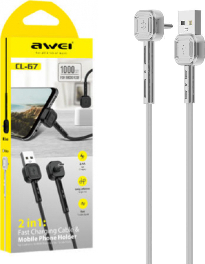 Awei Angle (90°) / Regular USB 2.0 to micro USB Cable Λευκό 1m (CL-67)  Γωνιακό