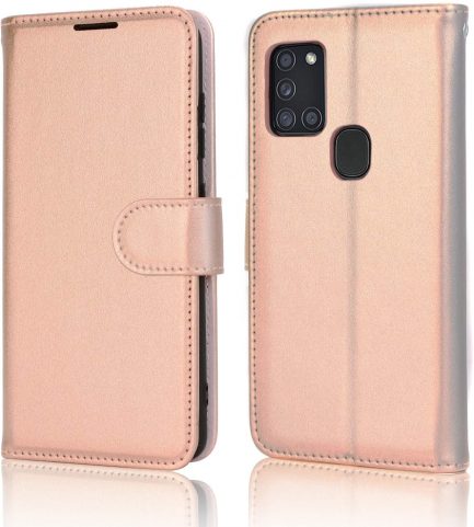 Samsung Galaxy A21s – Δερμάτινη Αναδιπλούμενη Book Case με Ενσωματωμένη Θήκη Σιλικόνης – Gold Rose (oem) - Image 2