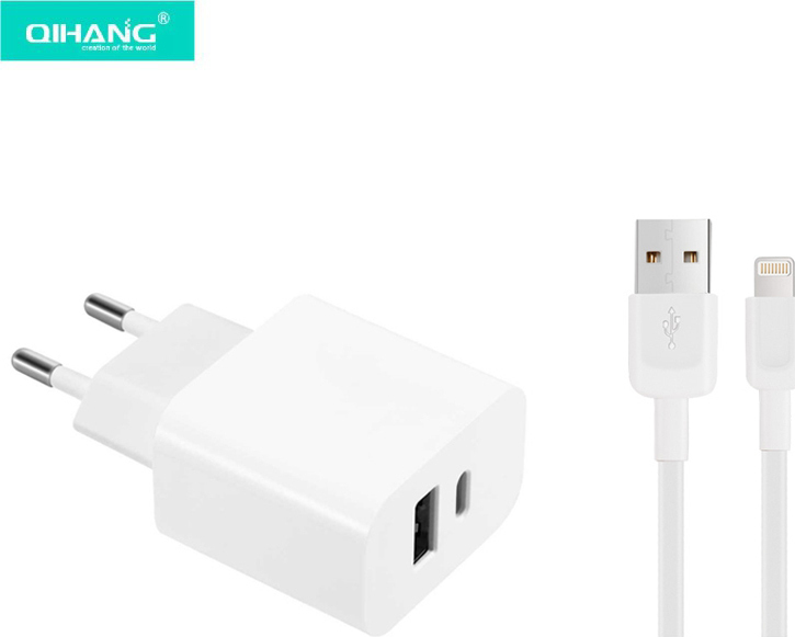Φορτιστής Quick Charger QIHANG Lightning Cable & USB-A / USB-C Wall Adapter Λευκό (QH-Z62)
