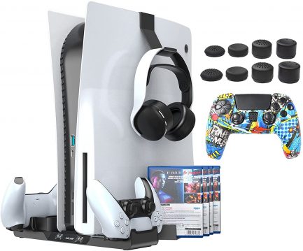 Aolion Βάση Κάθετης Στήριξης Playstation 5 / PS5 Disc & Digital Edition ,Υποδοχή Φόρτισης 2 Χειριστηρίων με Led ένδειξη ,12 Game Stores, 8 Pieces Thumb Grip Caps and PS5 Controller Skin (AL-P5028) - Image 2