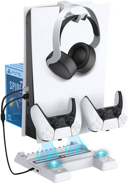 NexiGo Cooling Stand for PS5 (not Slim) with Dual Controller Charging Station, Headset Holder, Vertical Stand for PS5 Console, Charging Station for PS5 DualSense Controller, 11 Piece Game Rack Organiser - Image 2
