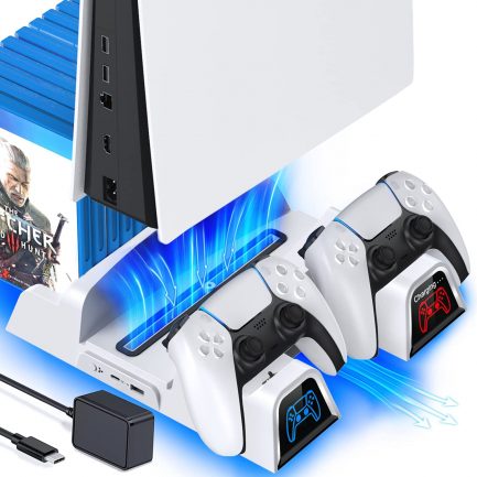 OIVO PS5 Stand with Fan and EU Power Supply for Playstation 5 Console, PS5 Vertical Stand with Cooling and Controller Charging Station, 12 Games Holder for Sony Playstation 5, White (IV-P5235C) - Image 2