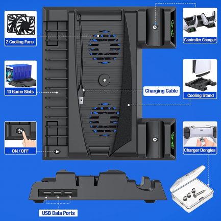 PS5 Vertical Stand with Fan, PS5 Stand Holder PS5 Fan for PS5 / PS5 Digital Edition, All-in-one 3 Port USB 3.0 Hub/PS5 Controller Charging/PS5 Stand/PS5 Cooler/13 Games Storage - Image 3