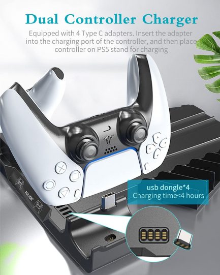 Aolion Βάση Κάθετης Στήριξης Playstation 5 / PS5 Disc & Digital Edition ,Υποδοχή Φόρτισης 2 Χειριστηρίων με Led ένδειξη ,12 Game Stores, 8 Pieces Thumb Grip Caps and PS5 Controller Skin (AL-P5028) - Image 4