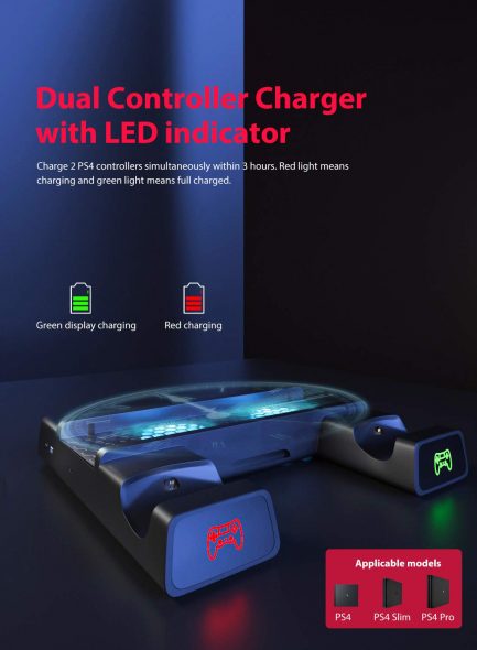 Dobe Βάση Κάθετης Στήριξης PS4 / PS4 Slim / PS4 Pro  με Σύστημα Ψύξης,Υποδοχή Φόρτισης 2 Χειριστηρίων με Led ένδειξη & 10 Θέσεις Games (TP4-19076) - Image 9