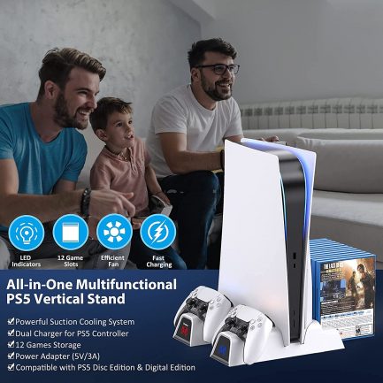 OIVO PS5 Stand with Fan and EU Power Supply for Playstation 5 Console, PS5 Vertical Stand with Cooling and Controller Charging Station, 12 Games Holder for Sony Playstation 5, White (IV-P5235C) - Image 9