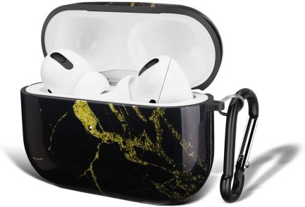 Airpods Pro Case -  Marble Protective Hard Case Cover Skin Portable & Shockproof with Keychain for Apple Airpods Pro Charging Case (Black Gold Marble ) - Image 2