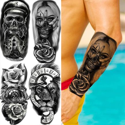 EGMBGM 22 Sheets Halloween Skull Temporary Tattoos Women Men Neck Large 3D Lion Warrior Evil Joker Fake Tattoo Sticker Men Women Adults Arm Rose Flowers Cross Durable Tatoos Children - Image 2