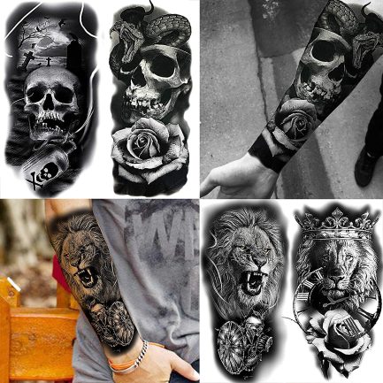 COKTAK Large 3D Temporary Tattoos, 22 Sheets, Adult, Unisex, Tribal / Lion / Warrior / Tiger / Wolf / Flowers / Skull / Halloween Designs, Rose and Animal Fake Tattoo Stickers, Black 3D Realistic Tattoos (‎VBFOUT053) - Image 2