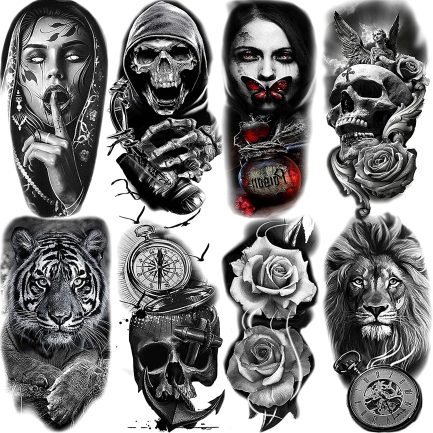LAROI 22 Sheets Large Realistic Tiger Lion Temporary Tattoos Women Men Pirate Anchor Fake Tattoo Sticker Adults Children 3D Half Sleeve Skeleton Flowers Compass Tatoos Black Snake Cross  (‎LMZRI036) - Image 3