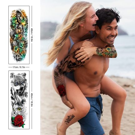 CAYUDEN 18 Sheets Temporary Tattoos, 10 Sheets Arm Fake Tattoos + 8 Sheets Half Arm Tattoo Stickers Waterproof Temporary Tattoo Men Adhesive Tattoos with Wolves Rose (53131631) - Image 3