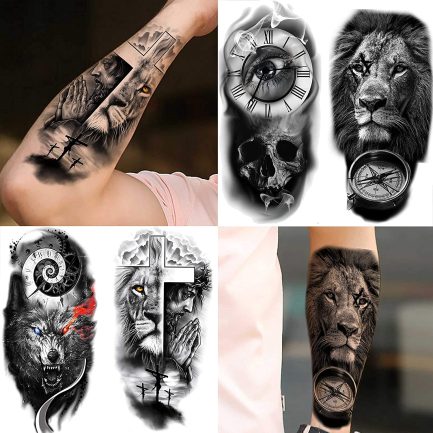 COKTAK Large 3D Temporary Tattoos, 22 Sheets, Adult, Unisex, Tribal / Lion / Warrior / Tiger / Wolf / Flowers / Skull / Halloween Designs, Rose and Animal Fake Tattoo Stickers, Black 3D Realistic Tattoos (‎VBFOUT053) - Image 4