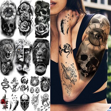 COKTAK Large 3D Temporary Tattoos, 22 Sheets, Adult, Unisex, Tribal / Lion / Warrior / Tiger / Wolf / Flowers / Skull / Halloween Designs, Rose and Animal Fake Tattoo Stickers, Black 3D Realistic Tattoos (‎VBFOUT053) - Image 7