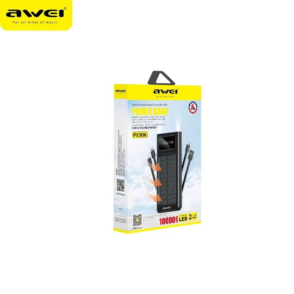 Awei P130K Ηλιακό Power Bank 10000mAh με 2 Θύρες USB-A και Θύρα USB-C Quick Charge 3.0 Μαύρο