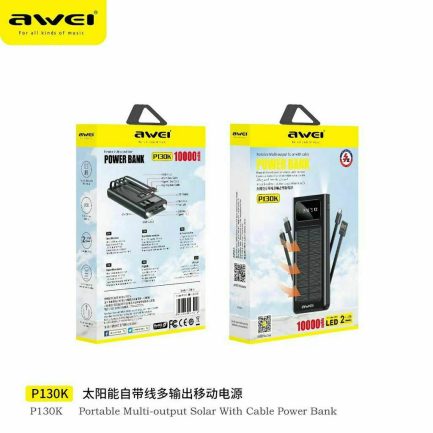 Awei P130K Ηλιακό Power Bank 10000mAh με 2 Θύρες USB-A και Θύρα USB-C Quick Charge 3.0 Μαύρο - Image 2
