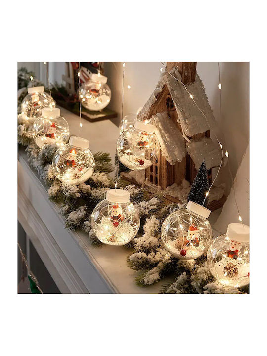 Χριστουγεννιάτικα Λαμπάκια LED Λευκά τύπου Κουρτίνα 10 Φωτιζόμενες Διάφανες Πλαστικές Μπάλες με Άγιο Βασίλη, Χιόνι 3M (6335-58)