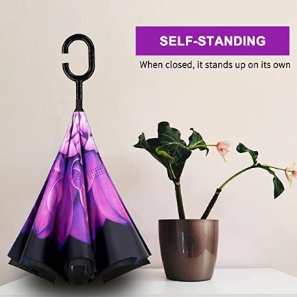 Αυτόματη C-Shaped Handle Νέα Επαναστατική Ομπρέλα που Ανοίγει Ανάποδα - C-Handle New Style Upside Down Umbrella - Purple flower - Image 3