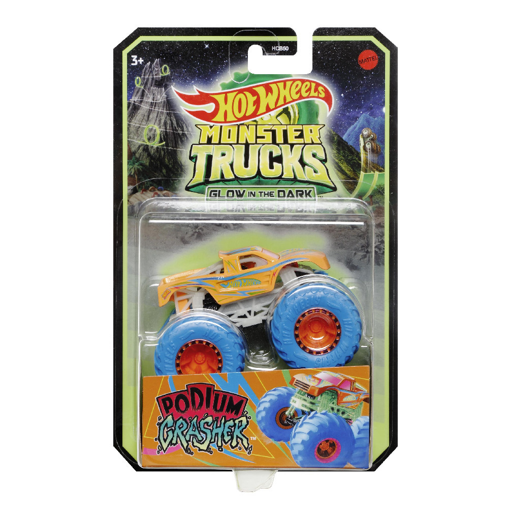 Mattel Hot Wheels Monster Trucks: Glow in The Dark - Podium Crasher (Blue Wheels) (HGD11)