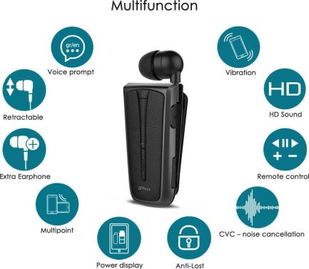 Στερεοφωνικό Ακουστικό Bluetooth iPro RH219s Retractable με Δόνηση Μαύρο-Γκρι - Image 5