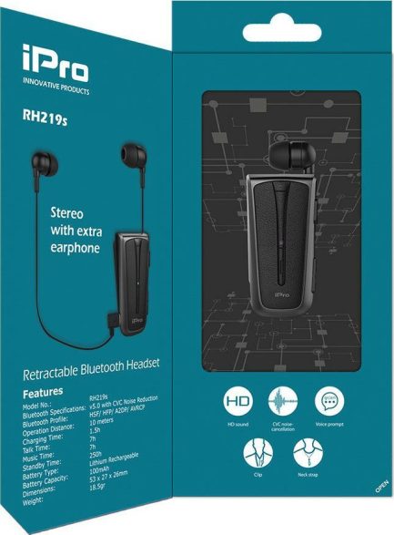 Στερεοφωνικό Ακουστικό Bluetooth iPro RH219s Retractable με Δόνηση Μαύρο-Γκρι - Image 6