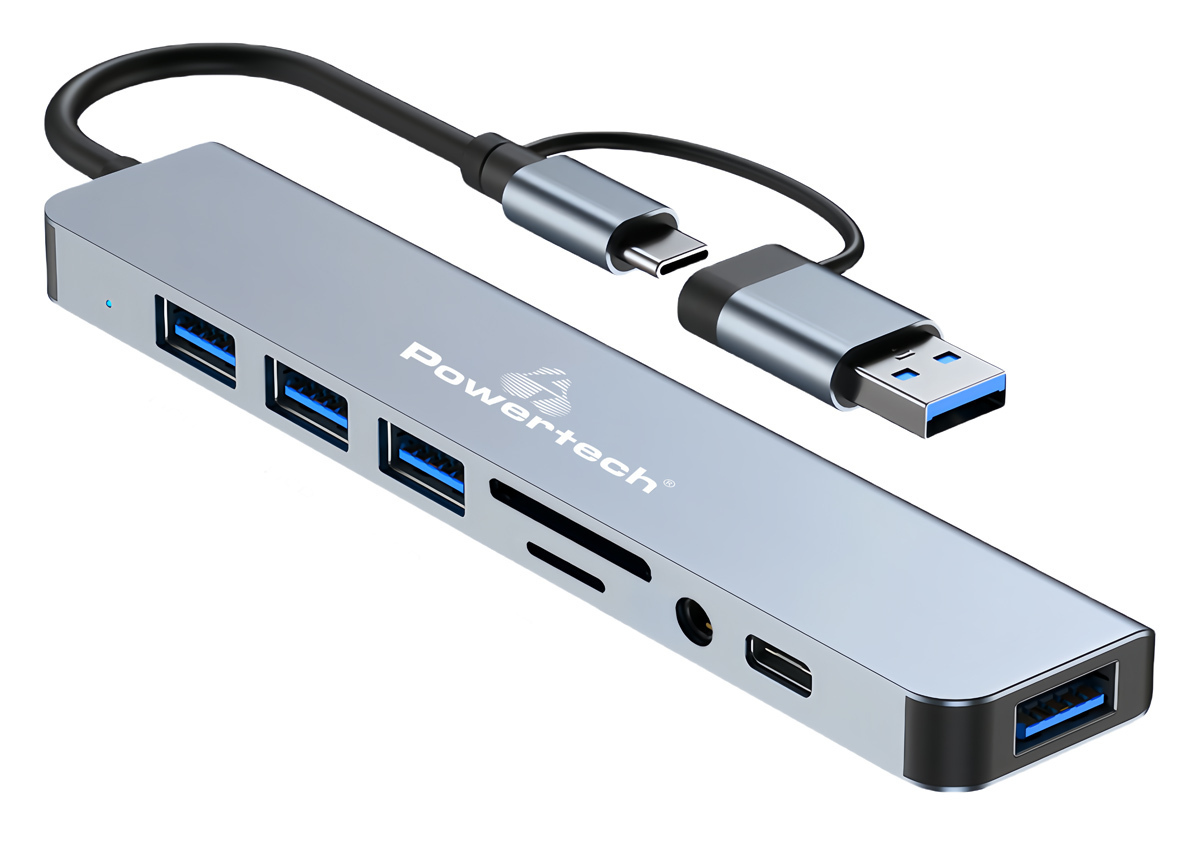Powertech USB Hub 3.2 PTR-0151 με card reader, 8 θυρών, USB & USB-C, γκρι - Image 2
