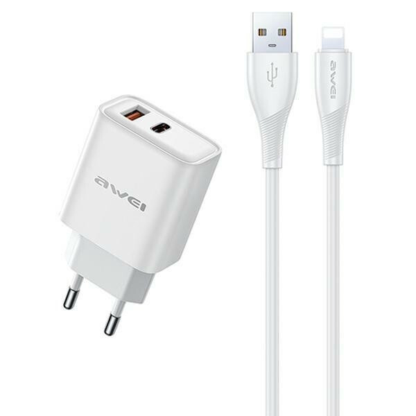 Awei Φορτιστής με Θύρα USB-A και Θύρα USB-C και Καλώδιο USB-C to Lightning 22.5W Power Delivery Λευκός (PD81L-EU) - Image 2