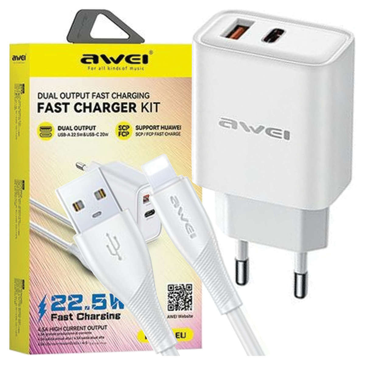 Awei Φορτιστής με Θύρα USB-A και Θύρα USB-C και Καλώδιο USB-C to Lightning 22.5W Power Delivery Λευκός (PD81L-EU)
