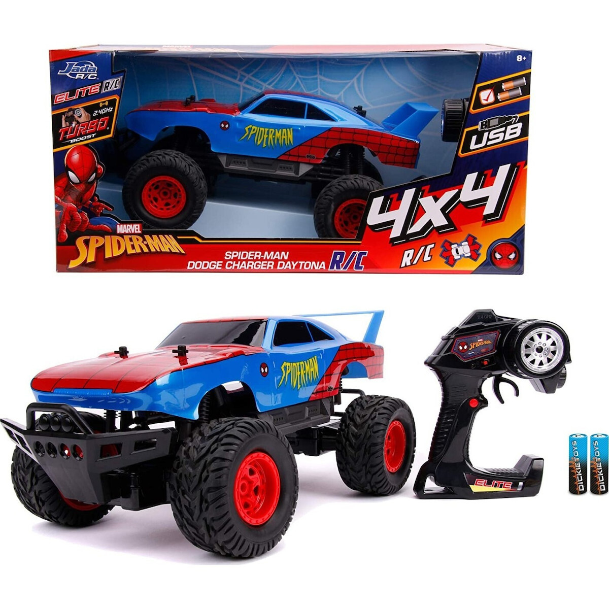 Jada Toys Marvel Spiderman Daytona 1969 Dodge Charger Daytona , 4x4, Turbo Function, 2-Channel Wireless Remote, USB 1:12 (253229000)
