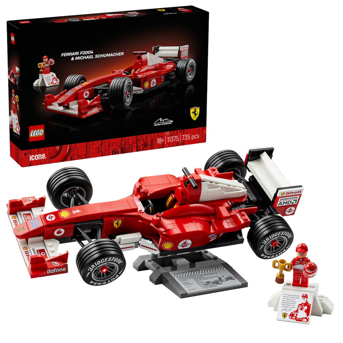 LEGO® Icons: Ferrari F2004 & Michael Schumacher Display Set w/ V10 Engine & Collectible Driver Minifigure (11375)